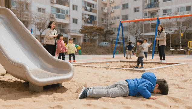 놀이터에서 미끄럼틀을 타고 넘어지는 남자 아이