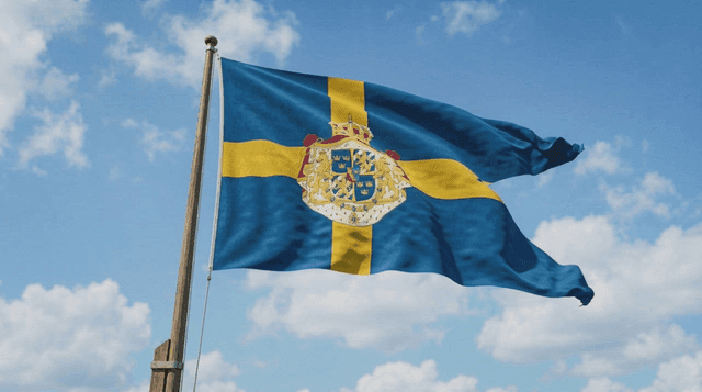 Flag of Kingdom of Sweden fluttering against blue sky