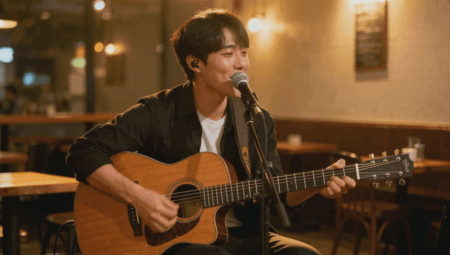 아늑한 카페에서 기타를 연주하는 음악가