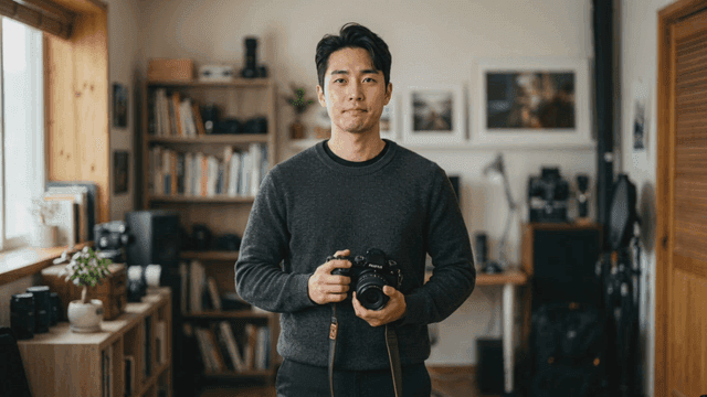 Man holding digital camera in cozy room
