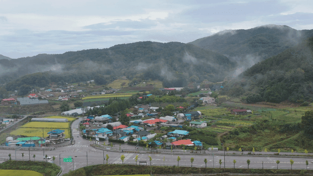 안개 낀 산으로 둘러싸인 시골 마을