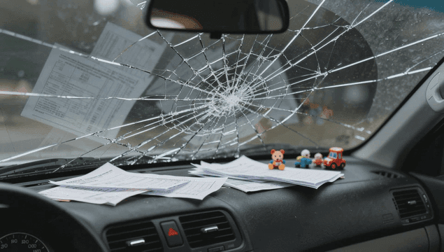 차 안의 서류와 금이 간 유리창