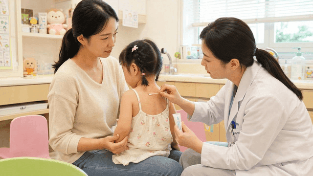 Doctor applying ointment to child's back