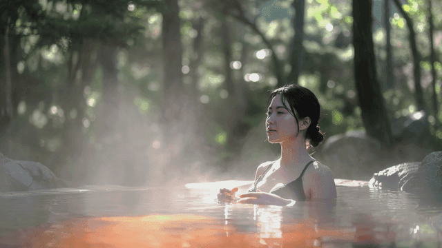 Woman relaxing in a hot spring surrounded by nature