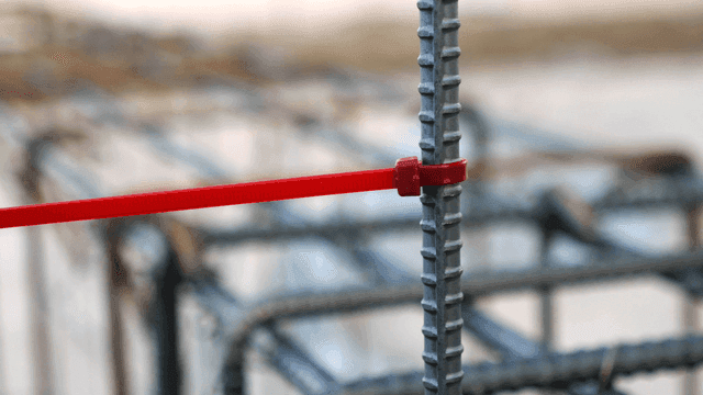 빨간 캐이블 타이로 묶인 철근