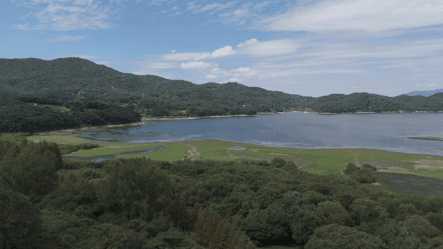 Tranquil lake surrounded by green mountains