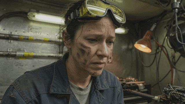 White female mechanic concentrating in workplace