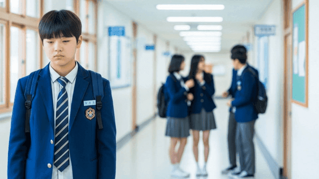 학교 복도에서 따돌림 당하는 남학생