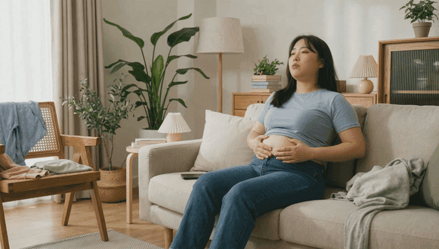 Woman sitting on a sofa holding her stomach