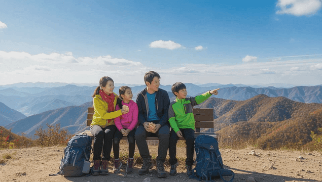 산의 벤치에서 경치를 즐기는 가족