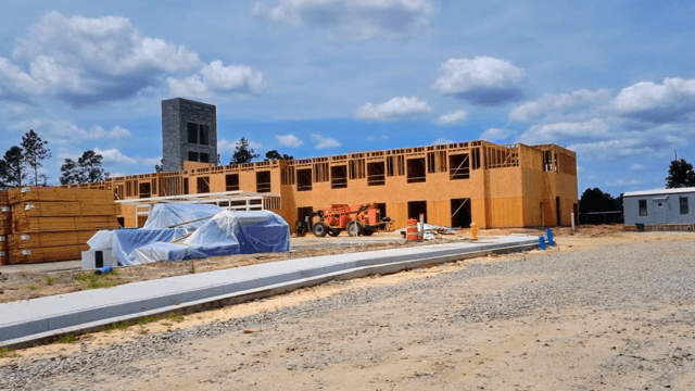 Construction site with building framework