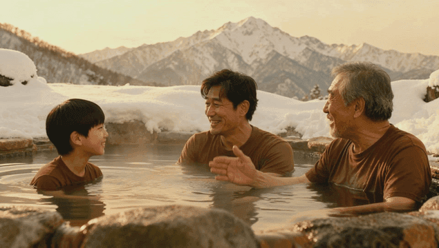 눈 덮인 산에서 온천을 즐기는 가족