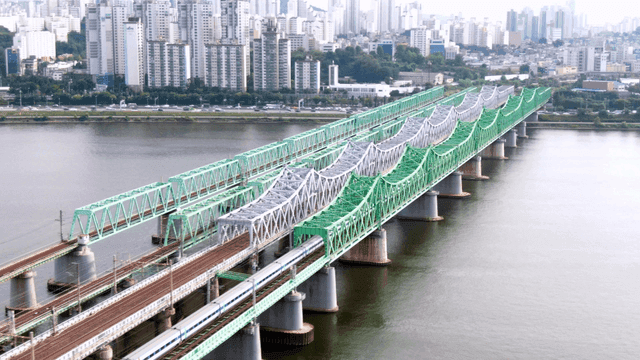 Bridge over river with view of city skyline