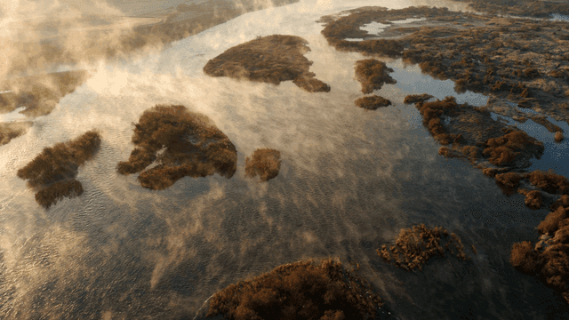 저녁 시간 안개 낀 강 풍경