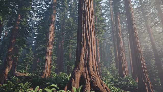 Dense forest with towering trees.