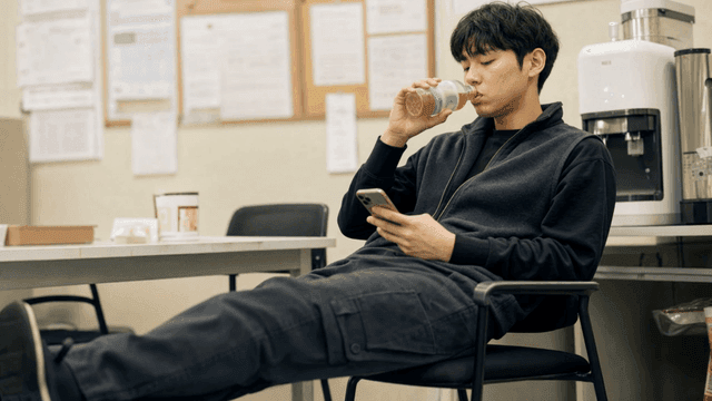 커피를 마시며 휴대폰을 보며 휴게실에서 휴식 중인 남성