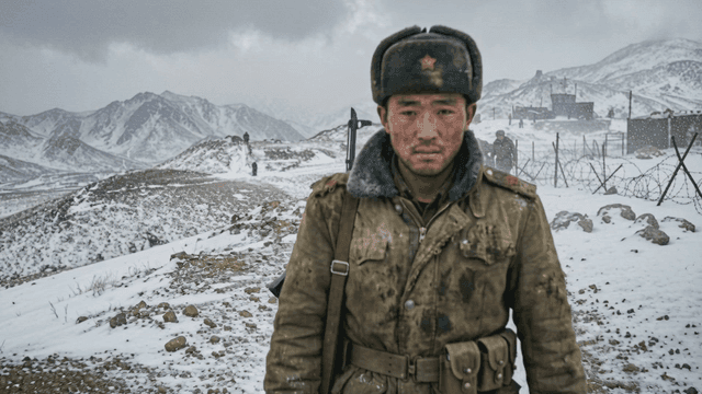 North Korean soldiers standing in snow-covered mountainous terrain