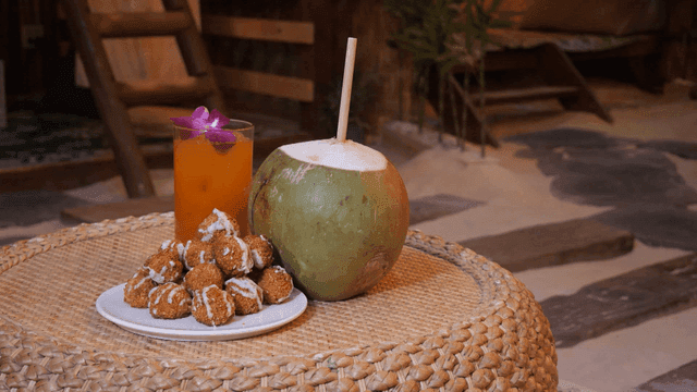 Coconut drink and dessert on a table