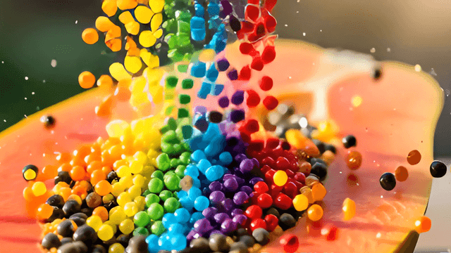 파파야에 떨어지는 다채로운 구슬