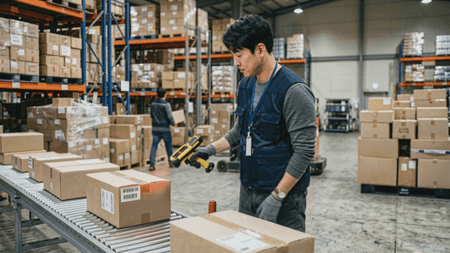 Worker scanning packages in warehouse