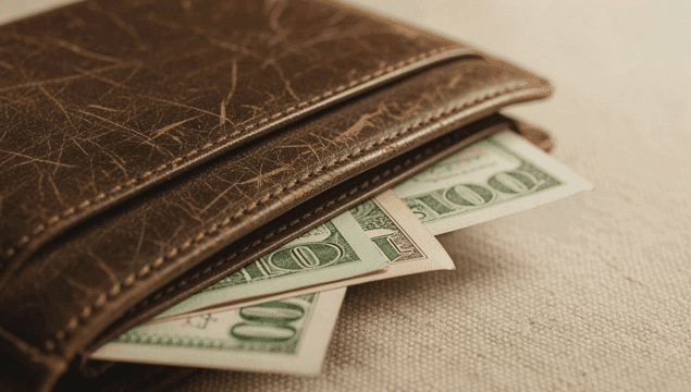 달러 지폐가 들어 있는 흠집 있는 가죽 지갑