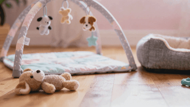 장난감과 애완동물 침대가 있는 아늑한 놀이 공간