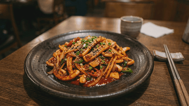 Spicy stir-fried squid dish on a table