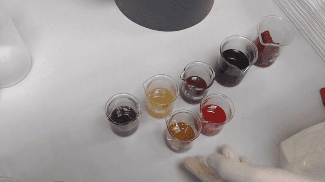 Various colored liquids in beakers