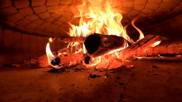 Wood-fired oven with burning logs