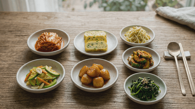 Various Korean side dishes on table
