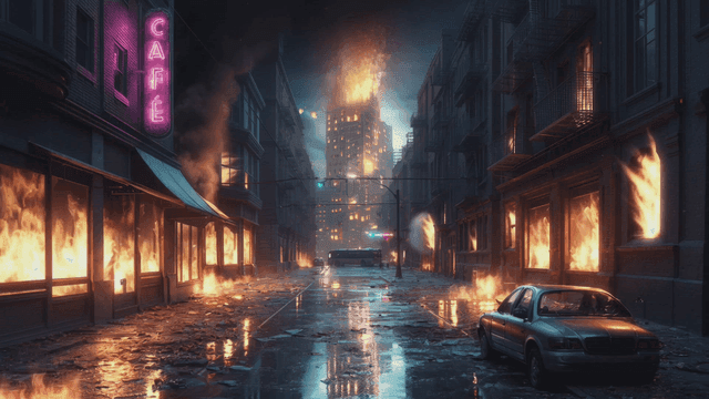 City streets engulfed in flames at night