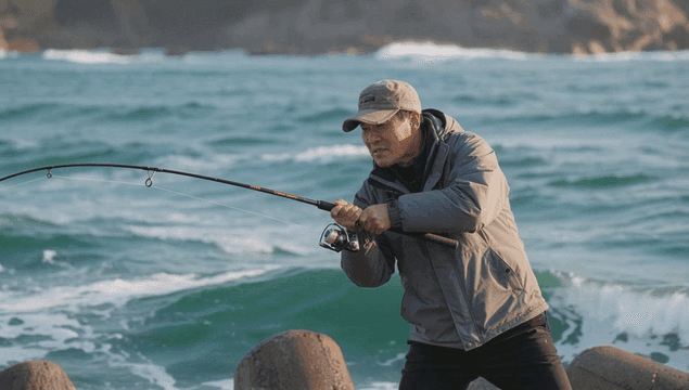 Man fishing in wavy sea on clear day