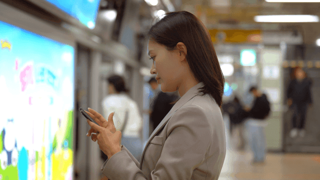 Side view of female office worker using smartphone at subway station