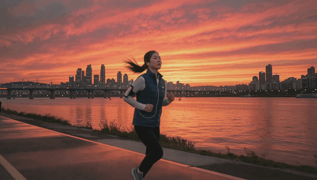 해질녘 강변을 따라 조깅하는 여성