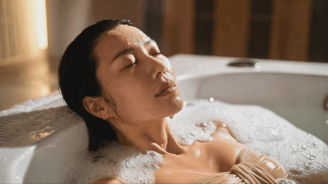 Woman relaxing in warm bathtub