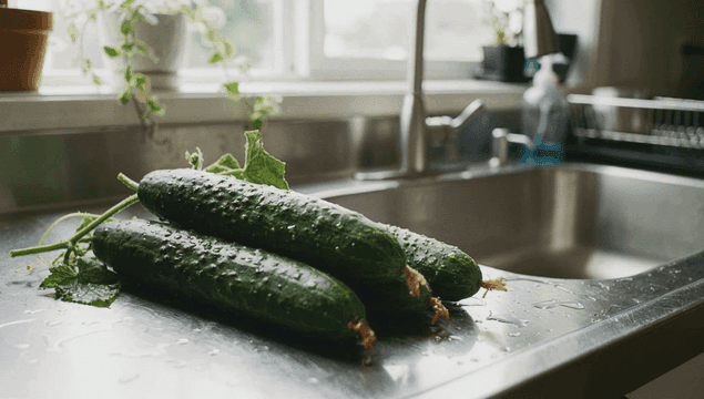 주방 조리대 위의 신선한 오이