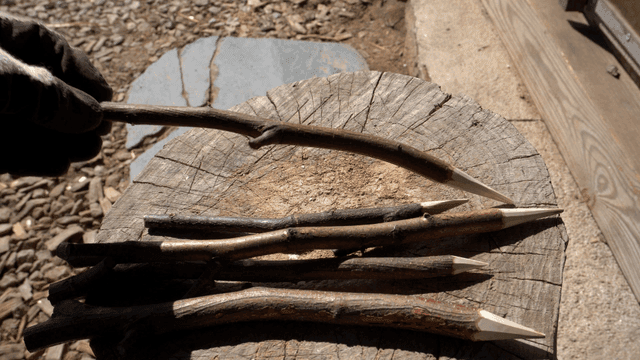 나무 표면에 놓인 뾰족하게 깎은 막대기들