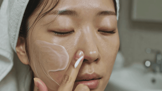Woman applying skincare cream to her face