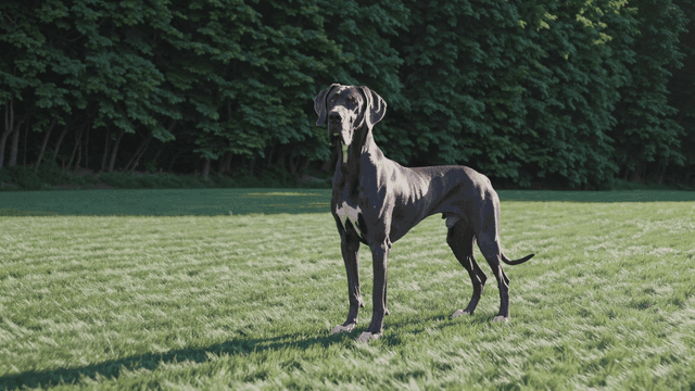 Large, black Great Dane standing on grass