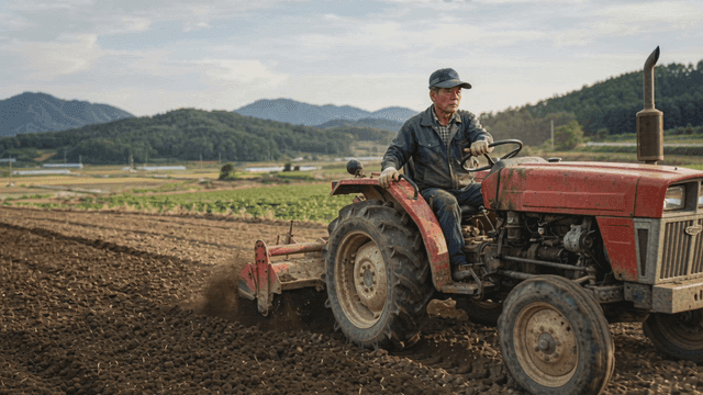 Farmer driving tractor in field.