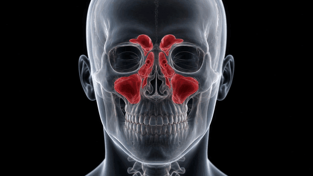 Sinuses located in bones surrounding nose inside human skull, highlighted in red