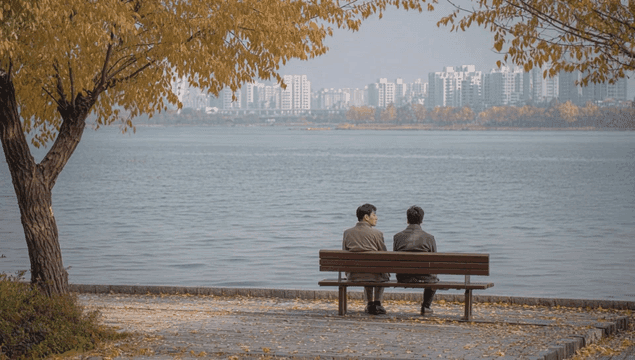 Two people sitting on a bench by the river
