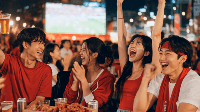 Young people cheering for soccer while eating chicken and drinking beer
