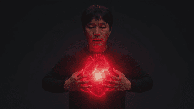 Man holding chest with shining heart