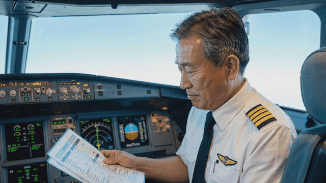 Pilot in the cockpit reviewing flight documents