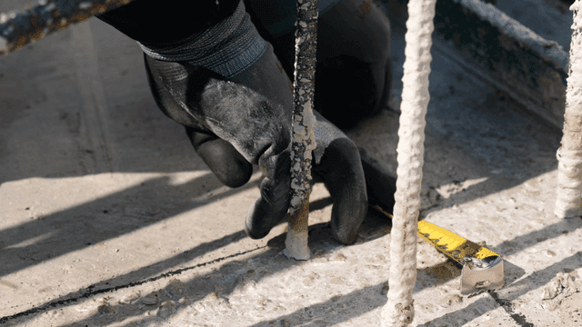 Worker measuring concrete with tape measure