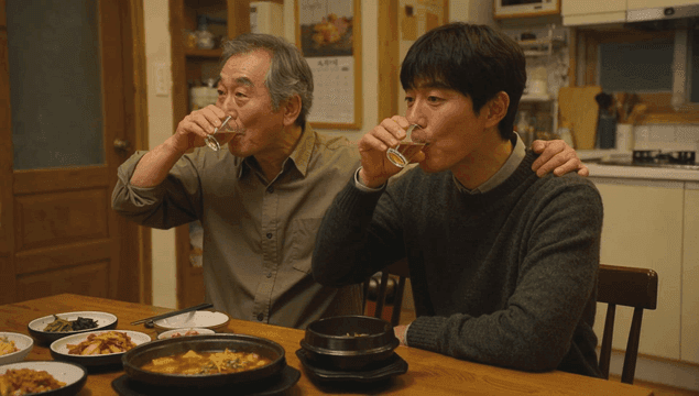Father and son enjoying a soju together