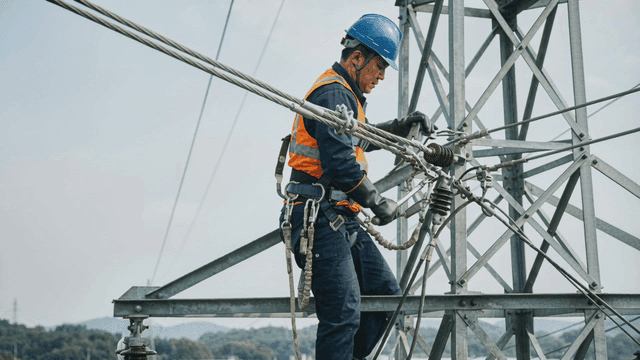 Worker repairing power lines on a tower