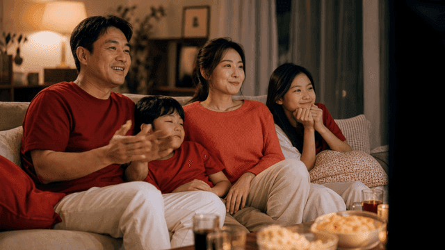 Family watching TV together at home