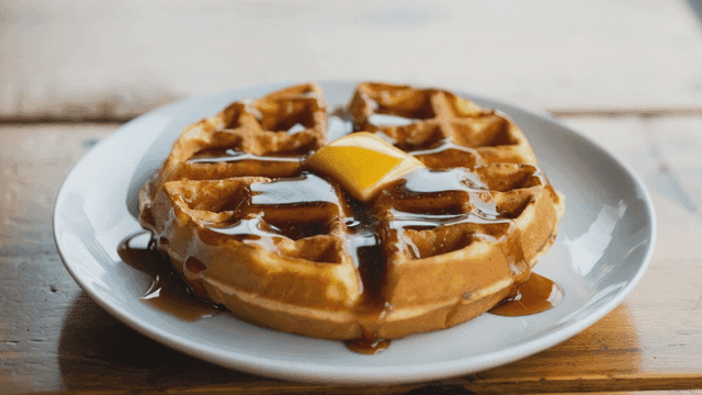 Waffle with syrup and butter on a plate